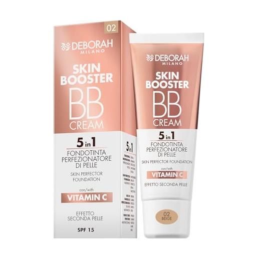 Deborah milano - bb cream skin booster, n. 02 beige, spf 15, con vitamina c, crema colorata viso effetto seconda pelle, 30ml