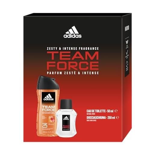 Adidas, confezione regalo uomo team force, eau de toilette 50 ml e gel doccia bagnoschiuma 3in1 250 ml