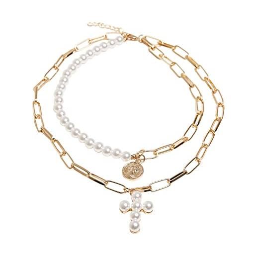 Urban Classics pearl cross layering necklace - collana con maglia a maniche lunghe, colore: bianco perla/oro, taglia unica
