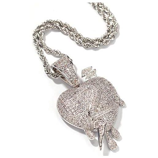 Moca Jewelry gioielli moca ghiacciati fulmini attraverso il cuore e goccia d'acqua combinazione ciondolo catena placcata oro 18 carati bling cz collana con diamanti simulati hip hop per uomo donna (silver)