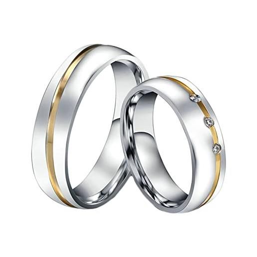 Homxi fedi nuziali con incisioni, set anelli acciaio inossidabile oro argento anello con rotondo 6mm zirconia cubica bianca anelli coppia di fidanzamento donna 14(54mm) + uomo 22(62mm)