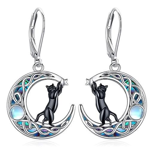 Eusense orecchini gatto nero orecchini luna in argento 925 pietra di luna orecchini pendenti gioielli regalo per gli amanti dei gatti donne ragazze