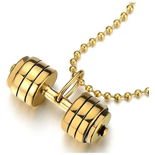 COOLSTEELANDBEYOND oro bilanciere manubrio ciondolo, collana con pendente da uomo ragazzi, acciaio inossidabile, palla catena 60cm