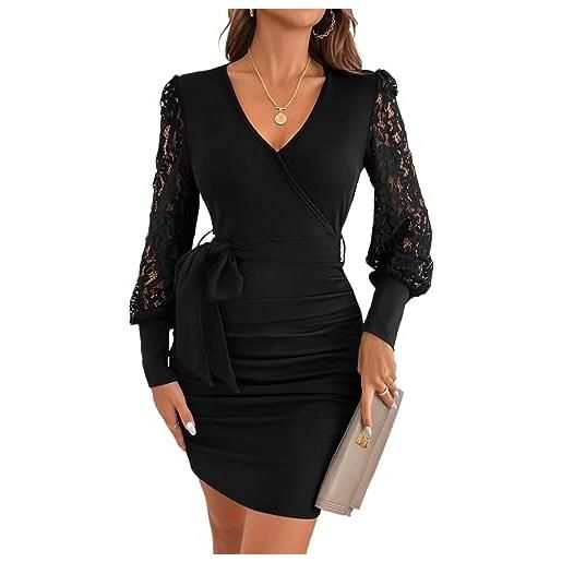 ARTANT women's cocktail short dresses frenchy contrast lace lantern sleeve ruched side bodycon dress for party