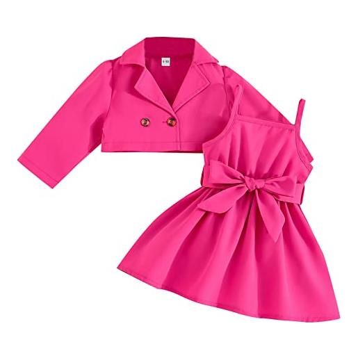 Generic abbigliamento 18 mesi maschio vestito estivo da bambina a maniche lunghe in tinta unita, giacca con bretelle bowknot, completo in due pezzi per abbigliamento per bambini (hot pink, 12-18 months)