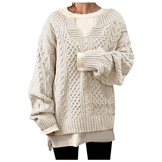Cubinest maglione invernale da donna, a maglia, oversize, in pile, a maglia, girocollo, a maniche lunghe, in cotone, a maglia, bianco, m