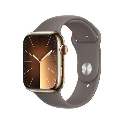 Apple watch series 9 gps + cellular 45mm smartwatch con cassa in acciaio inossidabile color oro e cinturino sport grigio creta - m/l. Fitness tracker, app livelli o₂, display retina always-on