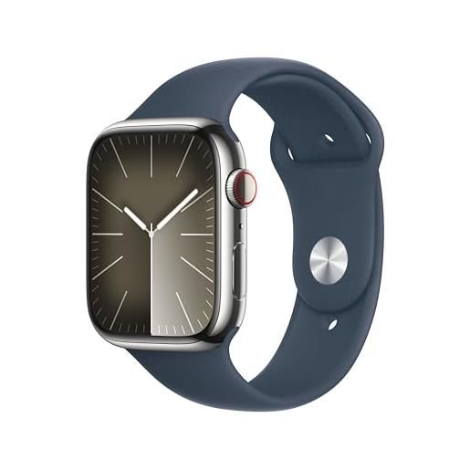 Apple watch series 9 gps + cellular 45mm smartwatch con cassa in acciaio inossidabile color argento e cinturino sport blu tempesta - m/l. Fitness tracker, app livelli o₂, display retina always-on