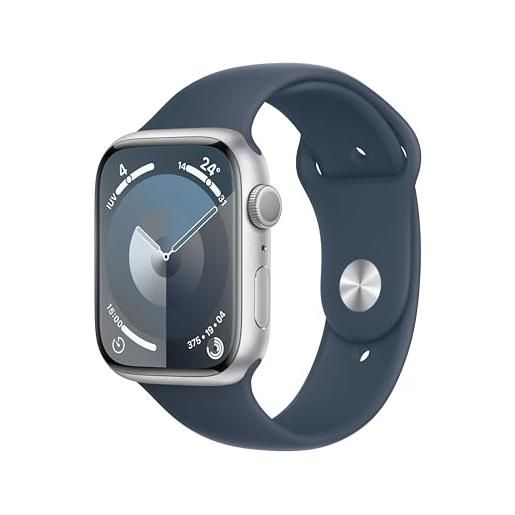 Apple watch series 9 gps 45mm smartwatch con cassa in alluminio color argento e cinturino sport blu tempesta - m/l. Fitness tracker, app livelli o₂, display retina always-on, resistente all'acqua