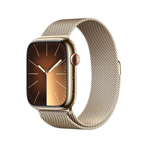 Apple watch series 9 gps + cellular 45mm smartwatch con cassa in acciaio inossidabile color oro e loop in maglia milanese color oro. Fitness tracker, app livelli o₂, display retina always-on