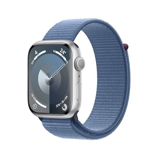 Apple watch series 9 gps 45mm smartwatch con cassa in alluminio color argento e sport loop blu inverno. Fitness tracker, app livelli o₂, display retina always-on, resistente all'acqua
