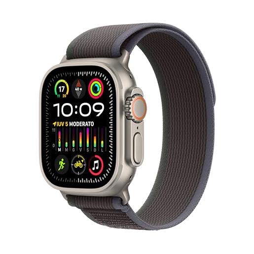 Apple watch ultra 2 gps + cellular 49mm smartwatch con robusta cassa in titanio e trail loop blu/nero - m/l. Fitness tracker, gps di precisione, tasto azione, batteria a lunghissima durata
