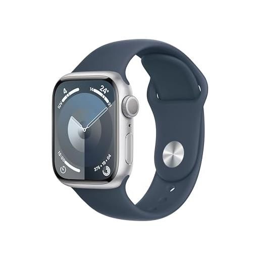 Apple watch series 9 gps 41mm smartwatch con cassa in alluminio color argento e cinturino sport blu tempesta - m/l. Fitness tracker, app livelli o₂, display retina always-on, resistente all'acqua