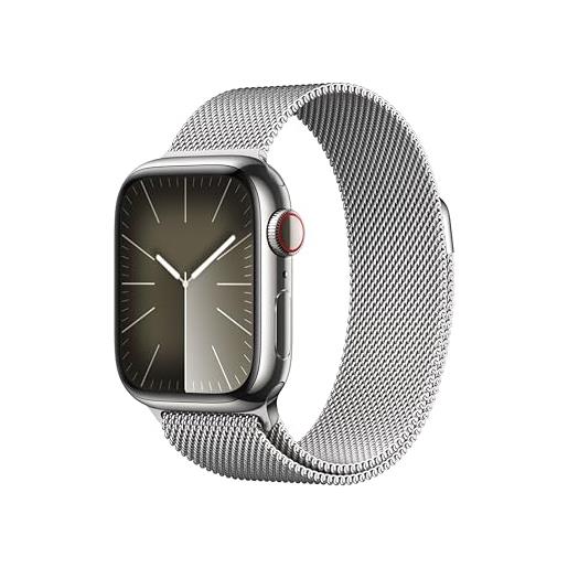 Apple watch series 9 gps + cellular 41mm smartwatch con cassa in acciaio inossidabile color argento e loop in maglia milanese color argento. Fitness tracker, app livelli o₂, display retina always-on