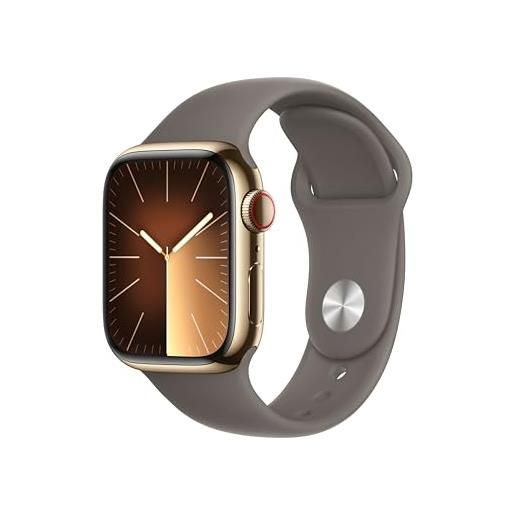 Apple watch series 9 gps + cellular 41mm smartwatch con cassa in acciaio inossidabile color oro e cinturino sport grigio creta - m/l. Fitness tracker, app livelli o₂, display retina always-on