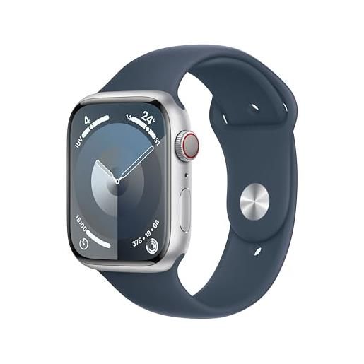 Apple watch series 9 gps + cellular 45mm smartwatch con cassa in alluminio color argento e cinturino sport blu tempesta - m/l. Fitness tracker, app livelli o₂, display retina always-on