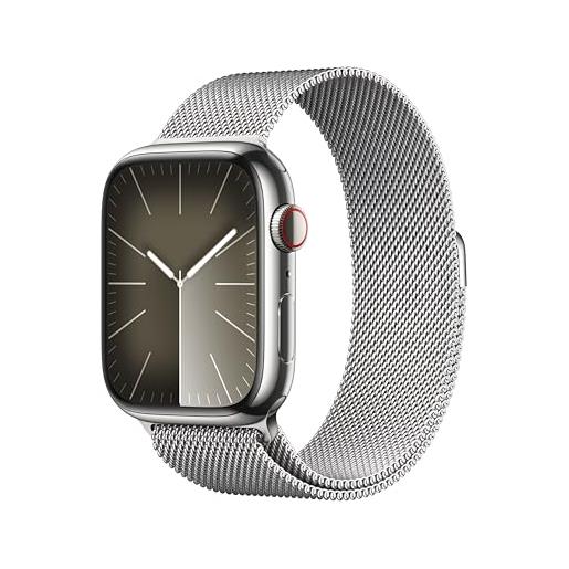 Apple watch series 9 gps + cellular 45mm smartwatch con cassa in acciaio inossidabile color argento e loop in maglia milanese color argento. Fitness tracker, app livelli o₂, display retina always-on