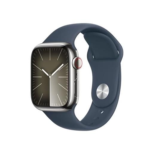 Apple watch series 9 gps + cellular 41mm smartwatch con cassa in acciaio inossidabile color argento e cinturino sport blu tempesta - m/l. Fitness tracker, app livelli o₂, display retina always-on