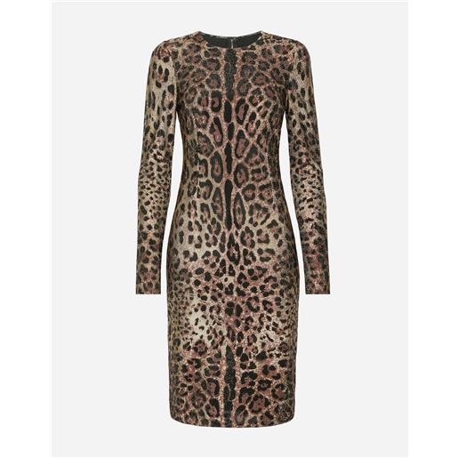 Dolce & Gabbana abito midi in jersey stampa leopardo con termostrass