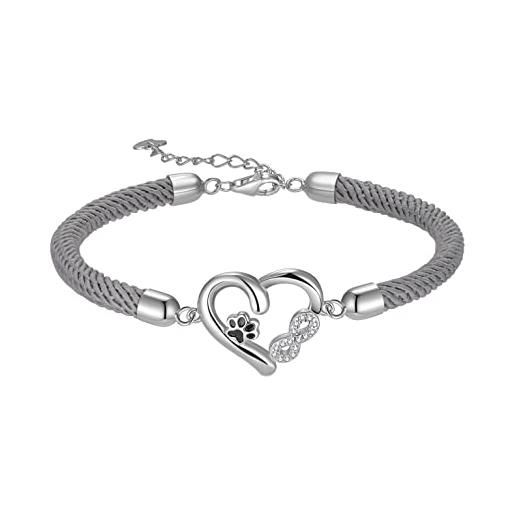 Bellrela bracciali da donna in argento 925 con stampa di zampe di cane, infinito cuore corda braccialetto per donne, 18 5 cm, argento sterling