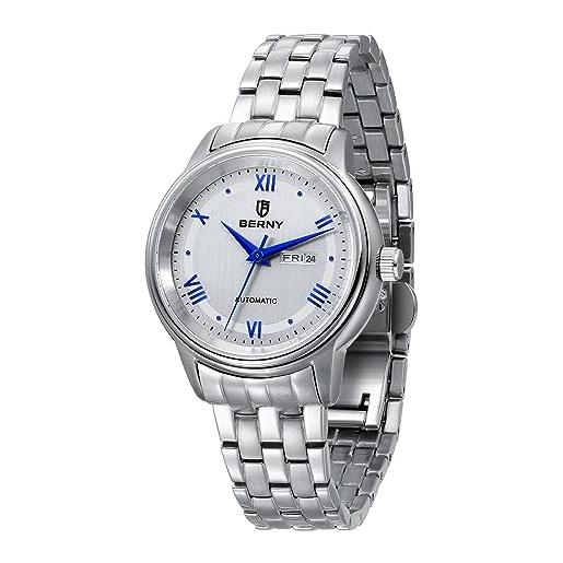 BERNY orologio automatico donna orologio da polso meccanico 5atm impermeabile a carica manuale orologio con lente di zaffiro con apertura calendario