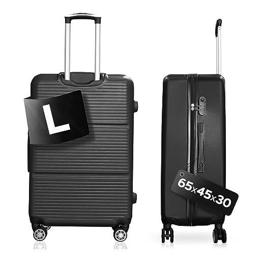 DS-Lux valigia da viaggio di alta qualità, rigida, trolley trolley a mano, in plastica abs con serratura tsa, 4 ruote spinner (s-m-l-set), nero v2, l, valigetta