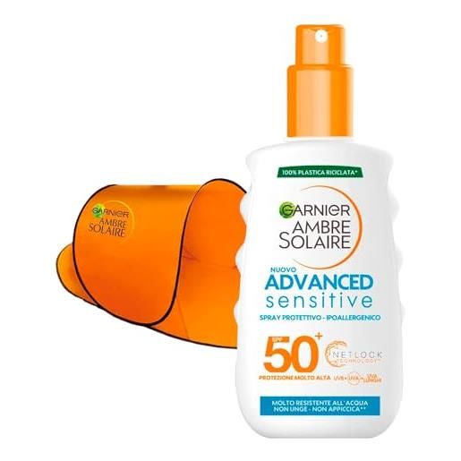 Garnier ambre solaire spray solare spf 50+ protezione molto alta raggi uva e raggi uvb advanced sensitive per viso e corpo e pelli sensibili flacone da 200ml + tenda da spiaggia