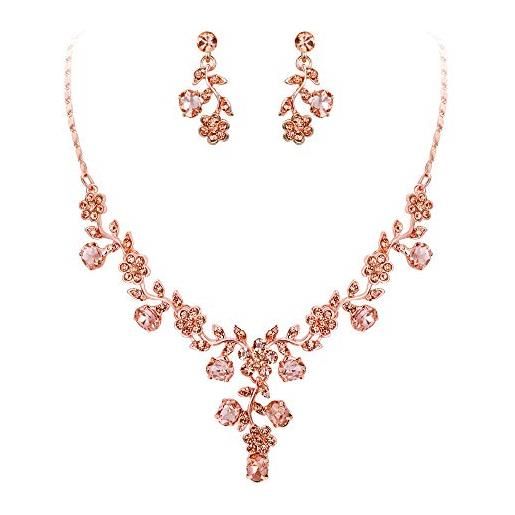 EVER FAITH - set di gioielli da donna in cristallo austriaco parure di collana ed orecchini, colore: champagne rosa/oro