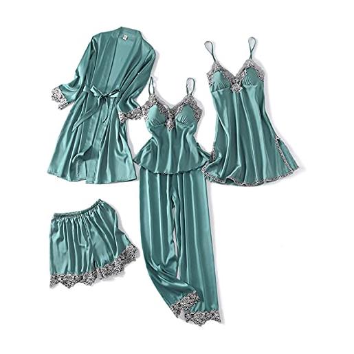 DEBAIJIA donna pigiama camicia notte 5 pezzi imitava la seta signora vestaglia signora raso da accappatoio femminile sleepwear accogliente traspirante (verde-l)