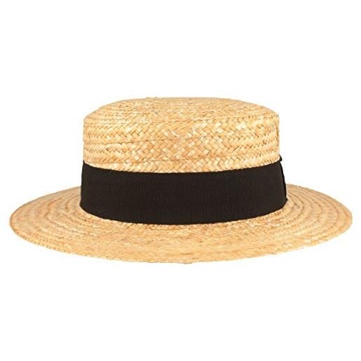 Hut Breiter breiter cappello canotier capello di paglia estivo da sole - 100% paglia con nastro grosgrain nero - cappello gondoliere - tesa larga 6 cm - beige, l 58-59