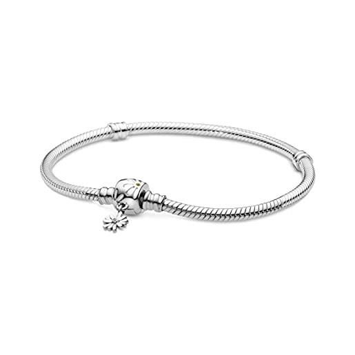 PANDORA garden daisy flower clasp snake chain sterling silver bracelet with yellow crystal and white enamel, 17