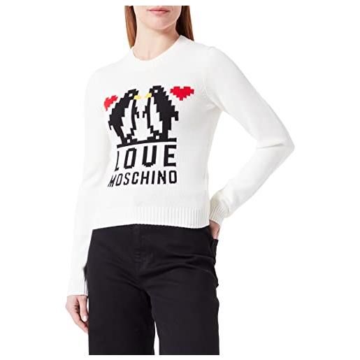 Love Moschino maglione a maniche lunghe slim fit con love penguins jacquard intarsia, bianco, 50 donna