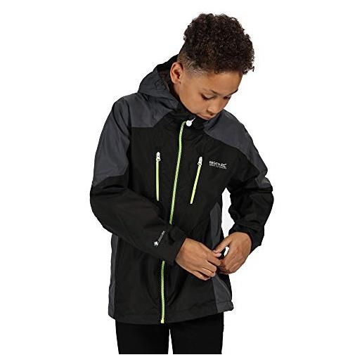 Regatta junior calderdale' giacca impermeabile traspirante con cappuccio fodera in mesh, jackets waterproof shell unisex bambini, black/seal grey, 3-4