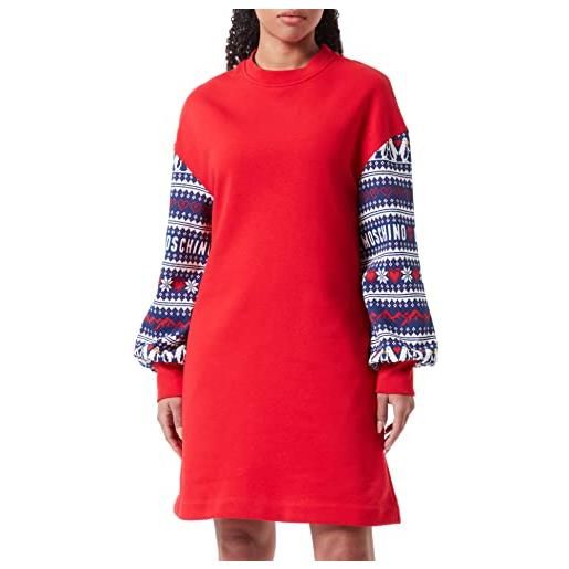 Love Moschino lunghe con maniche a tutto tondo e cuori e pinguini dress, blu rosso, 48 donna