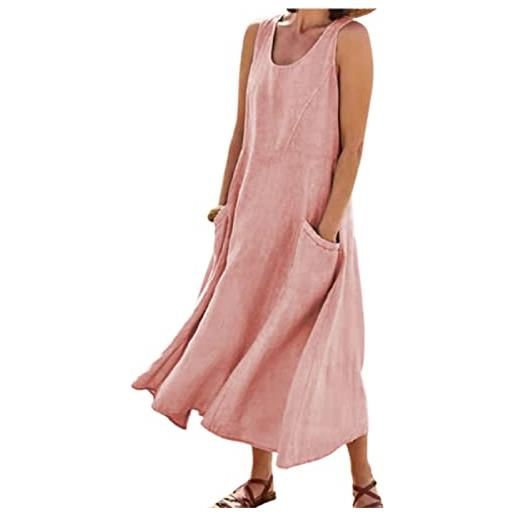 Reuvv abiti estivi da donna 2023, elegante dolce e carino casual tinta unita senza maniche in cotone lino abito lungo a tunica