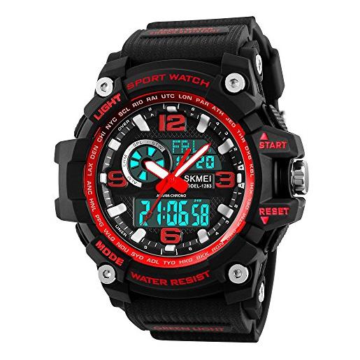 SKMEI orologio sportivo digitale da uomo, 50 m, impermeabile, con schermo a led, cronometro, sveglia, orologio da polso, rosso, digitale