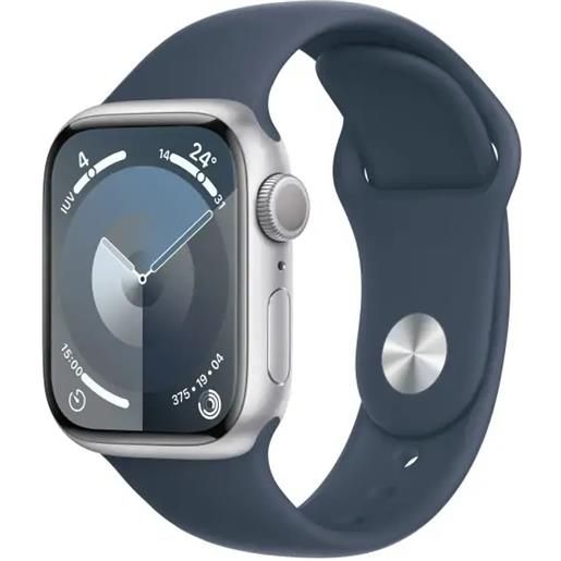 Apple watch series 9 gps cassa 41mm in alluminio argento con cinturino sport blu tempesta - m/l