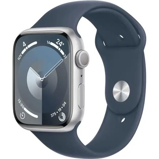 Apple watch series 9 gps cassa 45mm in alluminio argento con cinturino sport blu tempesta - s/m