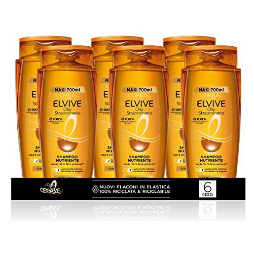 L'Oréal Paris multi pack shampoo olio straordinario nutriente per capelli secchi, 700 ml, confezione da 6