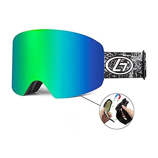 OBAOLAY obalay occhiali da sci protezione uv con sistema di cambio magnetico per occhiali con borsa per il trasporto verde