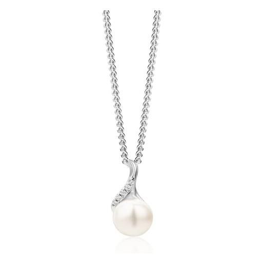 MIORE collana donna argento, catena con ciondolo di perla coltivata d'acqua dolce e zirconi in argento 925. Catenina grumetta lunga cm 45. Pendente donna anallergico. 