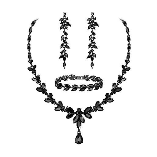 EVER FAITH set di gioielli da damigella d'onore in cristallo austriaco, elegante collana con foglie di strass marquise, orecchini pendenti, set di braccialetti da tennis nero brillante