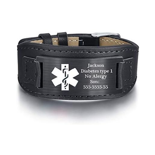 kaululu braccialetto uomo nome personalizzato con medica id tag bracciale donna in acciaio con incisione regolabile personalizzabile medico per famiglia (#1)