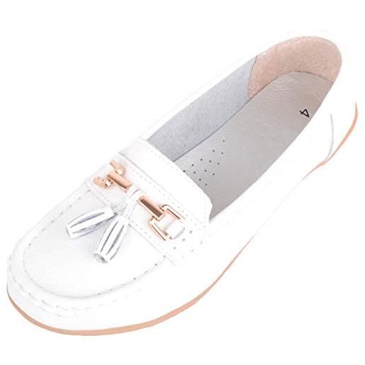 ABSOLUTE FOOTWEAR mocassini da donna casual larghi in pelle con dettaglio nappa, bianco, 40 eu