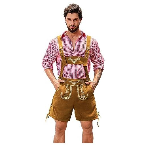 NANAMEEI pantaloni in pelle, da uomo, per costume tradizionale bavarese, in pelle, con spalline, marrone brillante, m