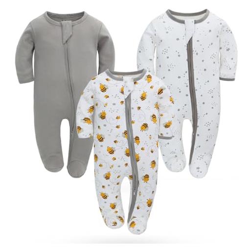 BRONG 3 confezioni pigiama bambino tutine neonato in cotone pagliaccetto tutina a 2 vie cerniera a piedini pigiami interi 9-12 mesi