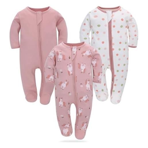 BRONG 3 confezioni pigiama bambino tutine neonato in cotone pagliaccetto tutina a 2 vie cerniera a piedini pigiami interi 0-3 mesi