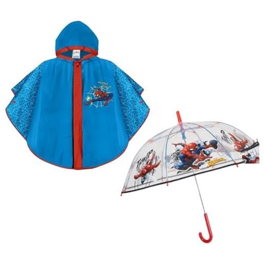 perl mantellina pioggia e ombrello trasparente spiderman, mantella poncho antipioggia 3-6 anni impermeabile bambino bimbo, spiderman ombrello trasparente cupola, uomo ragno marvel, blu