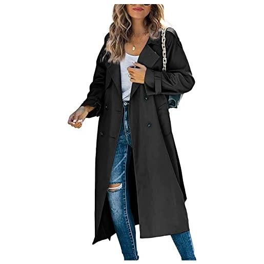 Carolilly cappotto donna lungo leggero casual trench da donna classico doppio petto manica lunga cappotto antivento con cintura autunno primavera (nero, xl)