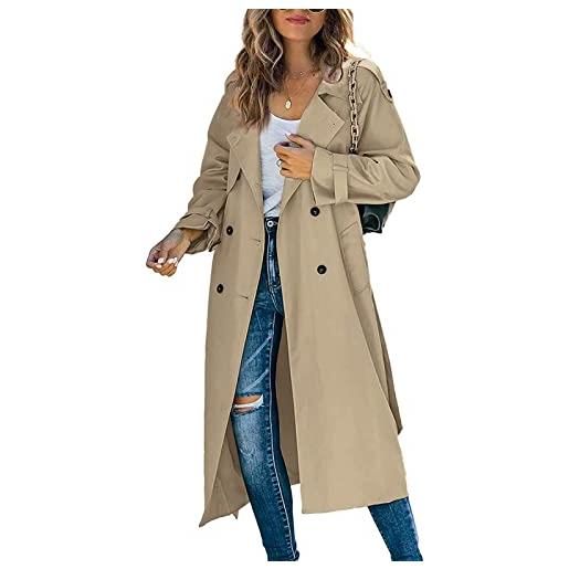 Carolilly cappotto donna lungo leggero casual trench da donna classico doppio petto manica lunga cappotto antivento con cintura autunno primavera (nero, l)